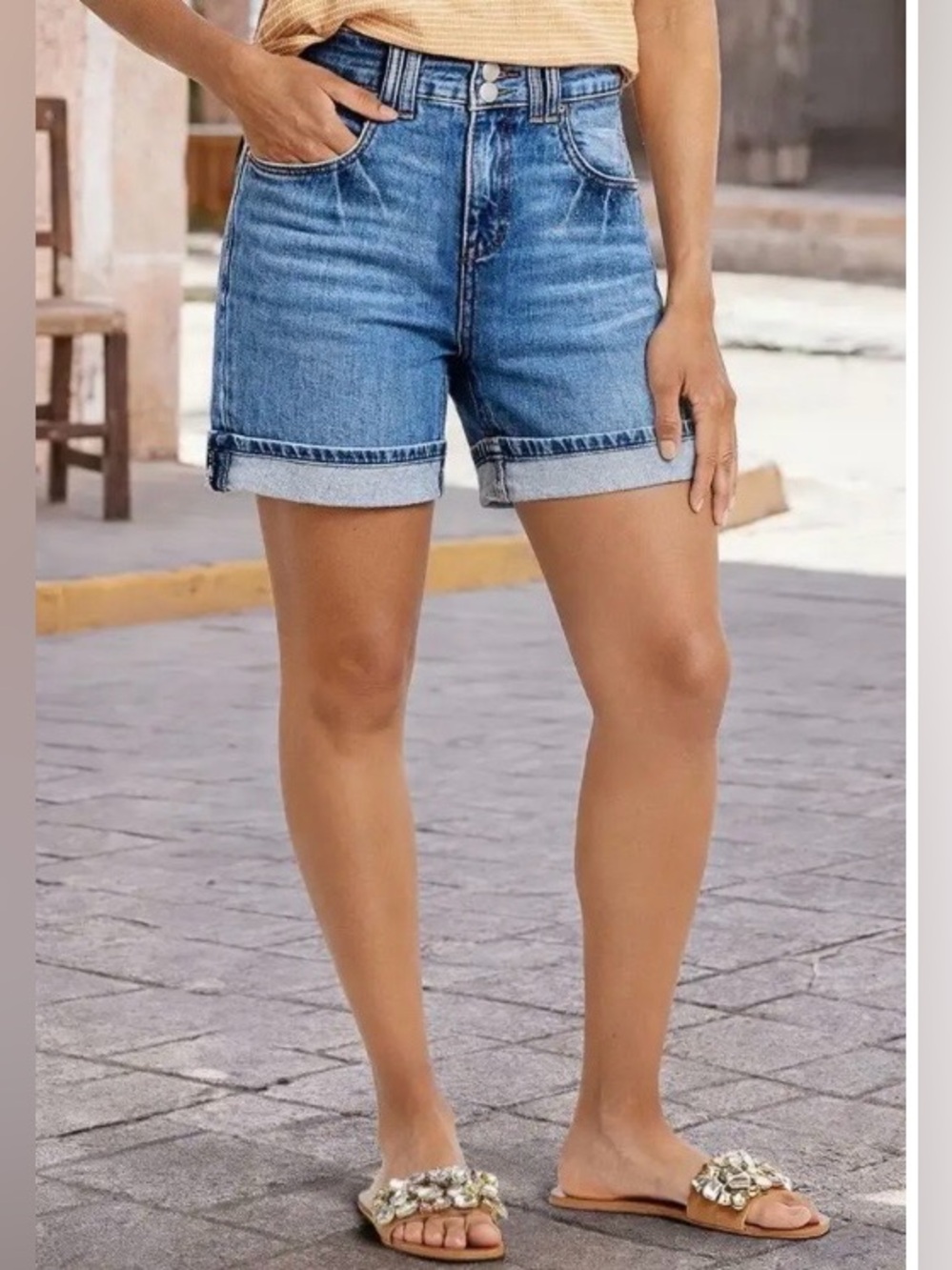 Flamingals Wash Roll Hem Dual Button High Waist Denim Mid Thigh Shorts